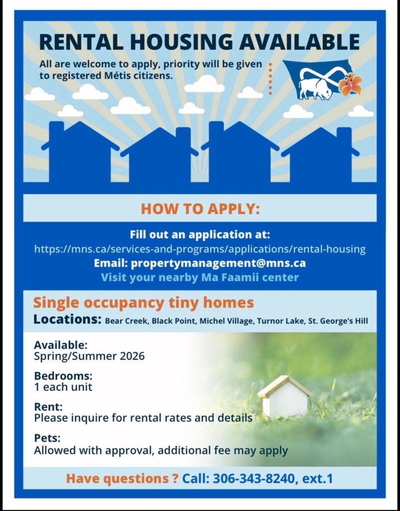Poster about "rental housing available" for the Metis of northern saskatchewan.